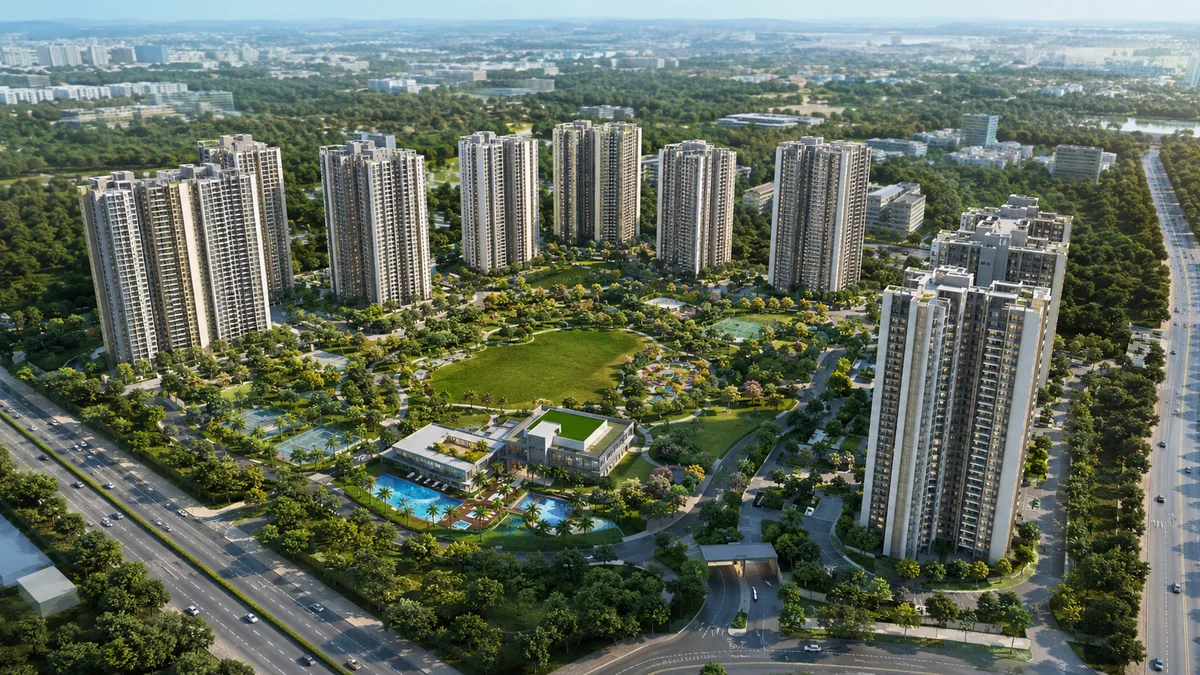 Godrej Whitefield aerial view of the ~20-acre integrated township with high-rise towers set within landscaped greens near NH-648, Whitefield corridor, East Bengaluru