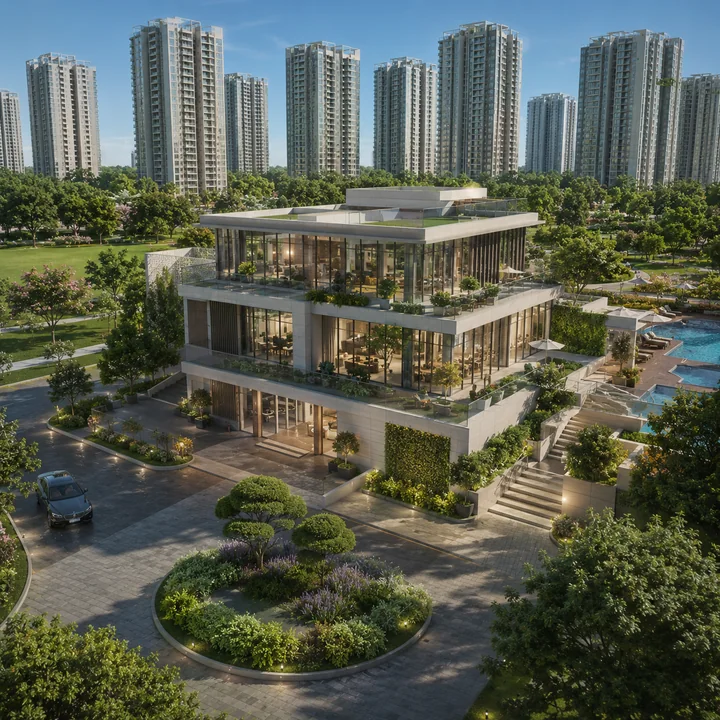 Godrej Whitefield multi-tier clubhouse precinct opening onto the pool deck with the towers behind