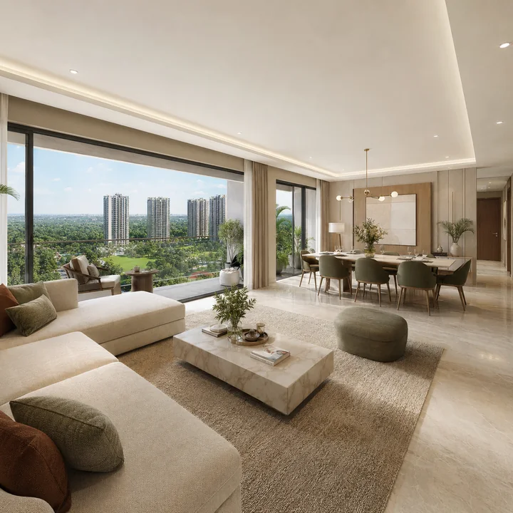 Godrej Whitefield representative 3 BHK living-dining interior with a balcony opening onto the township greens